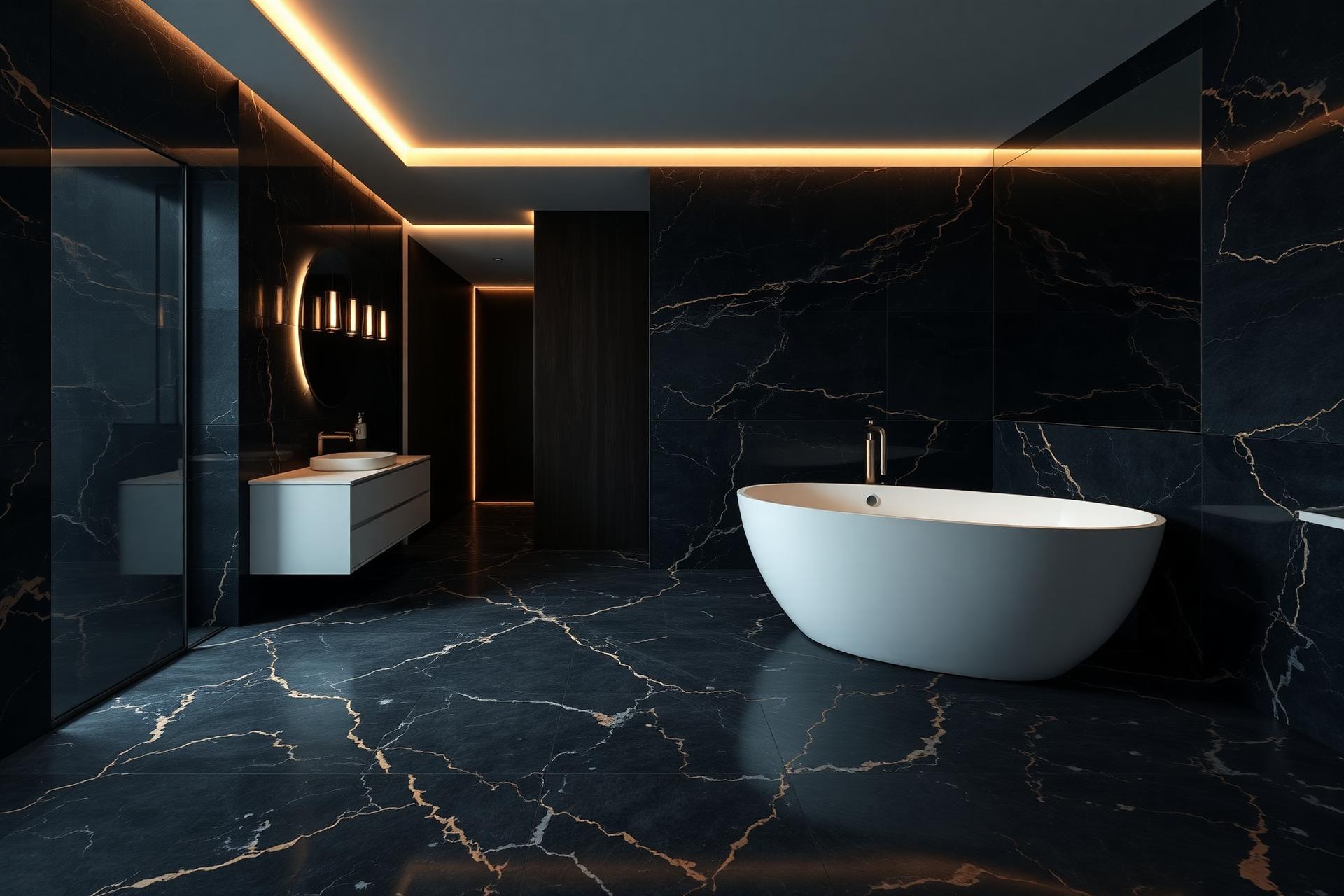 Luxury dark marble bathroom by Imperial Tiling Collective